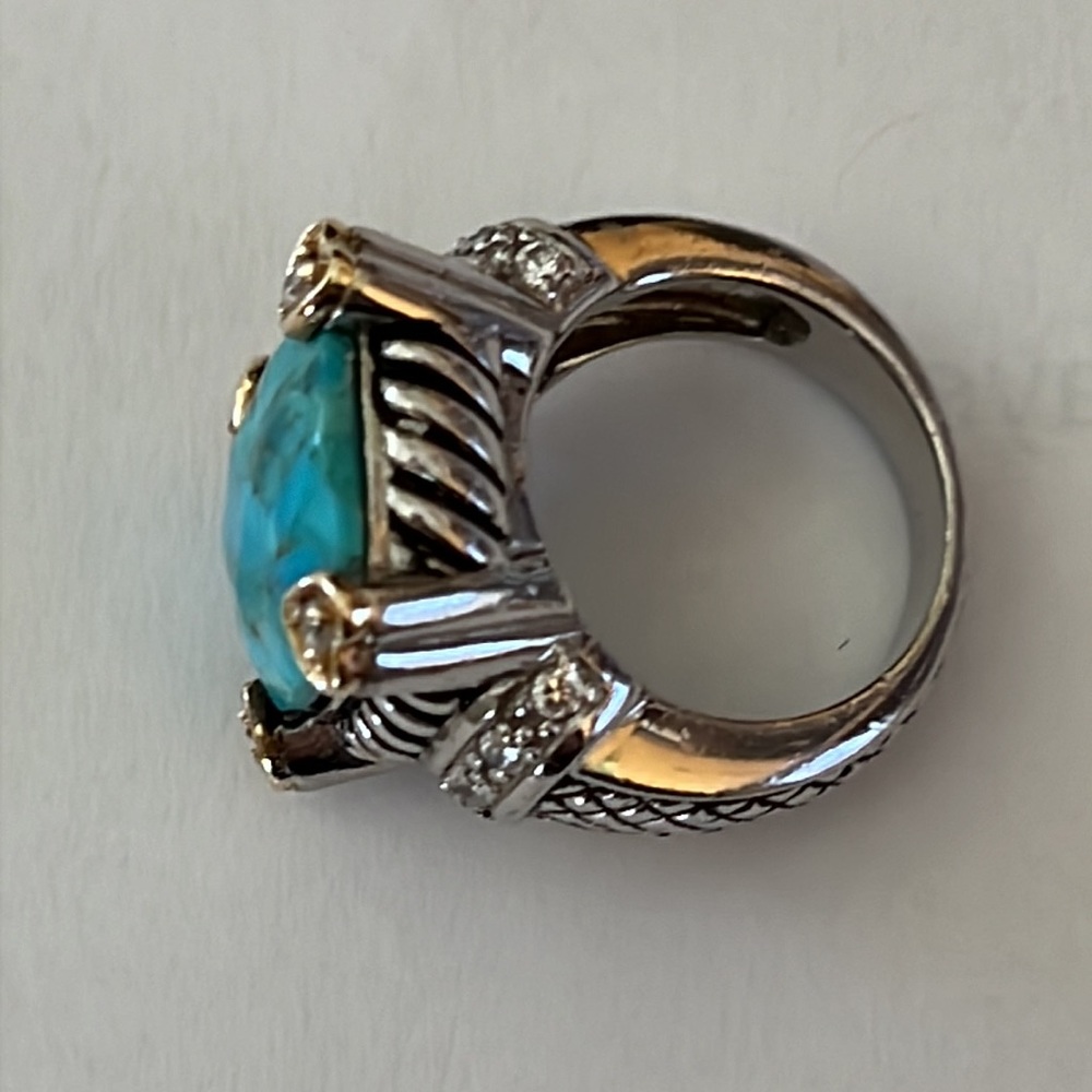 Lovely Checkerboard Faceted Turquoise Ring CZ Sterling Silver Ring Sz.7 - Picture 2 of 11